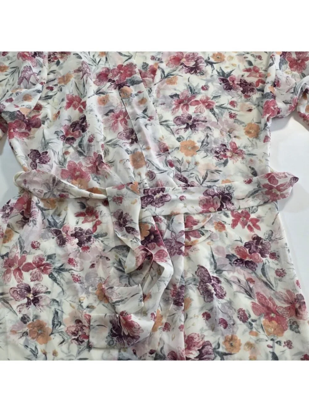 Vtg La Senza Short Kimono Robe S/M Sheer Chiffon Floral Watercolor Belt Coquette